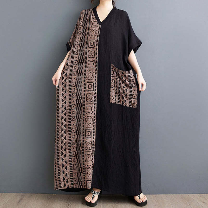 Casual Loose Printing Dyeing Cotton Linen V-neck Half Sleeve Design Midi Dress With Pockets
