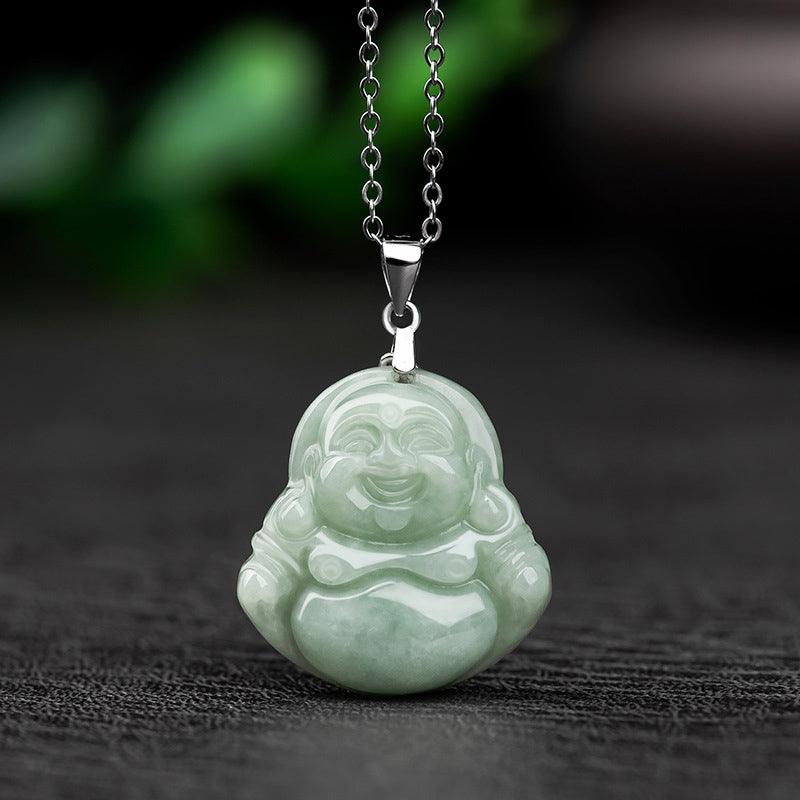 925 Sterling Silver Laughing mystic zen Jade Blessing Necklace Chain Pendant