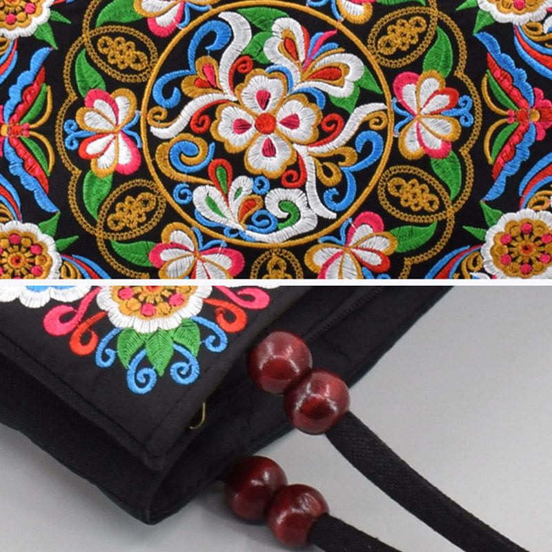 Galsang Inula Flower Peony Peacock Double-Sided Embroidery Canvas Shopping Purse Handbag