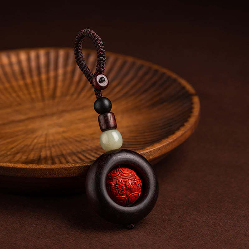 Tibet Om Mani Padme Hum PiXiu Copper Coin Small Leaf Red Sandalwood Cinnabar Protection Key Chain