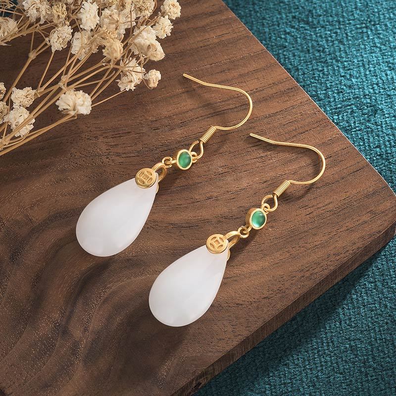 FengShui White Jade Luck Drop Earrings