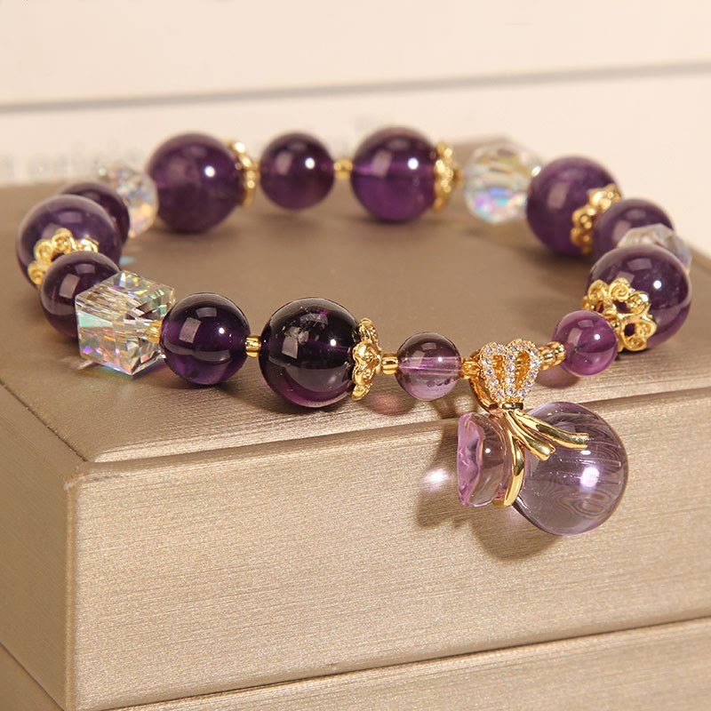 Natural Amethyst Crystal Money Bag Charm Positive Bracelet