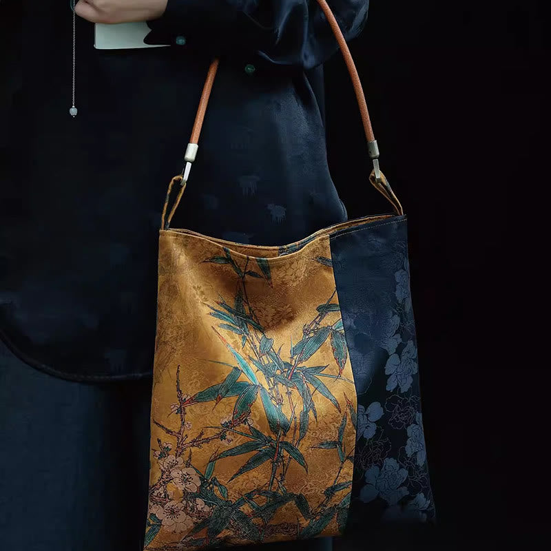 Bamboo Leaves Flower Butterfly Persimmon Shoulder Bag Handbag