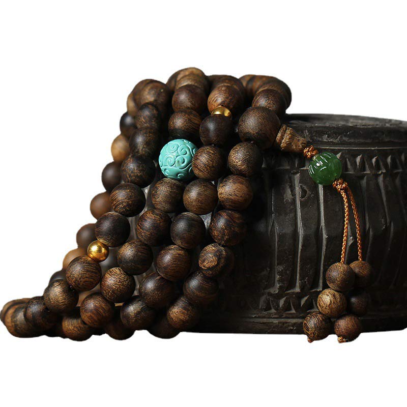 108 Mala Beads Nha Trang Agarwood Turquoise Prayer Meditation Bracelet Mala
