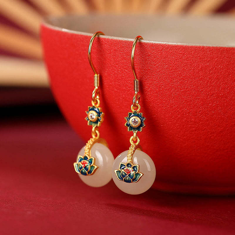 925 Sterling Silver Plated Gold Hetian Jade Lotus Luck Ring Earrings Set