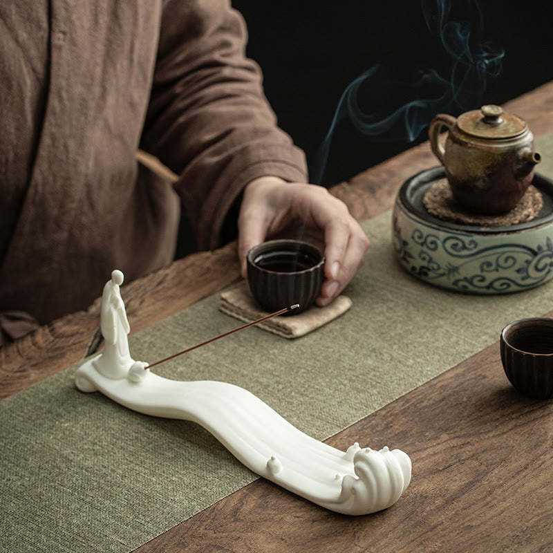 mystic zen Monk Ceramic Sea Wave Mountain Blessing Incense Burner Decoration