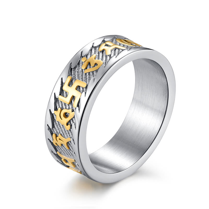 Six True Words Om Mani Padme Hum Swastika Titanium Steel Peace Ring