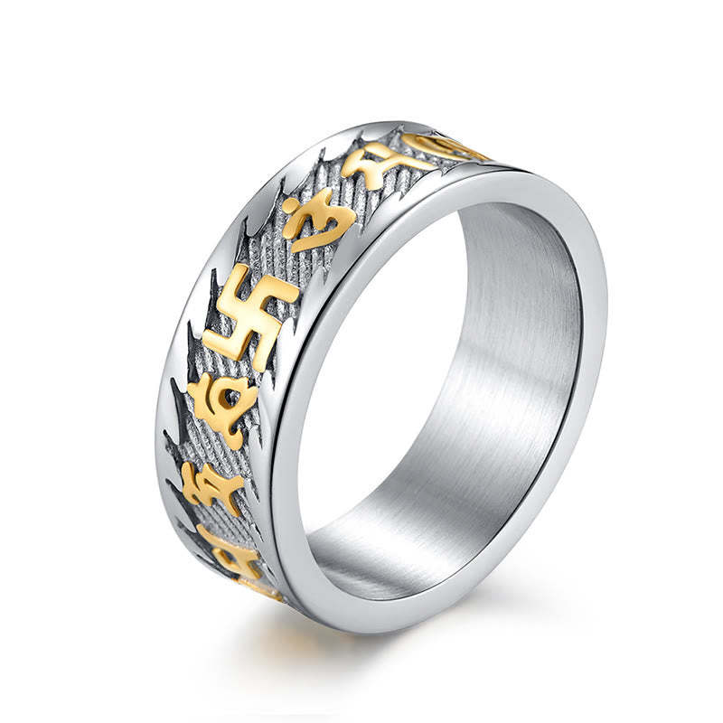 Six True Words Om Mani Padme Hum Swastika Titanium Steel Peace Ring
