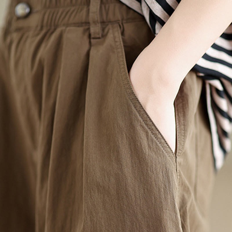 Casual Solid Color One Top Button Elastic Waistband Cotton Linen Women's Pants With Pockets