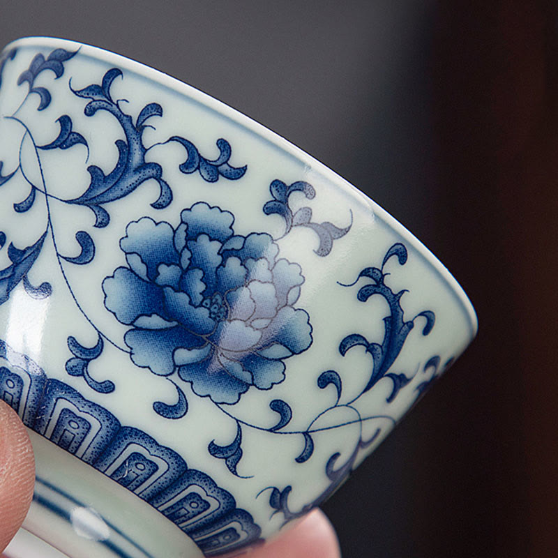 Blue Landscape Mountains Lotus Cute Cat Pavilions Magnolia Reed Egrets Ceramic Teacup Small Kung Fu Tea Cup