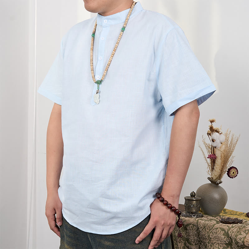 Men's Plain Color Short Sleeve Half Button Cotton Linen Shirt