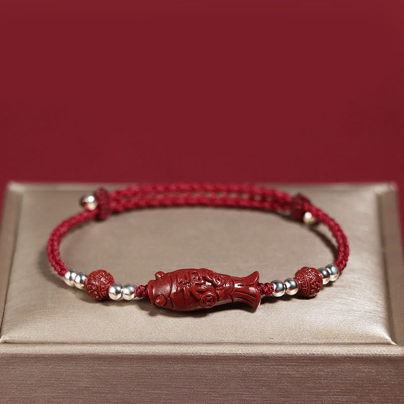925 Sterling Silver Koi Fish Cinnabar Fu Character Copper Coin Wealth Braided Bracelet