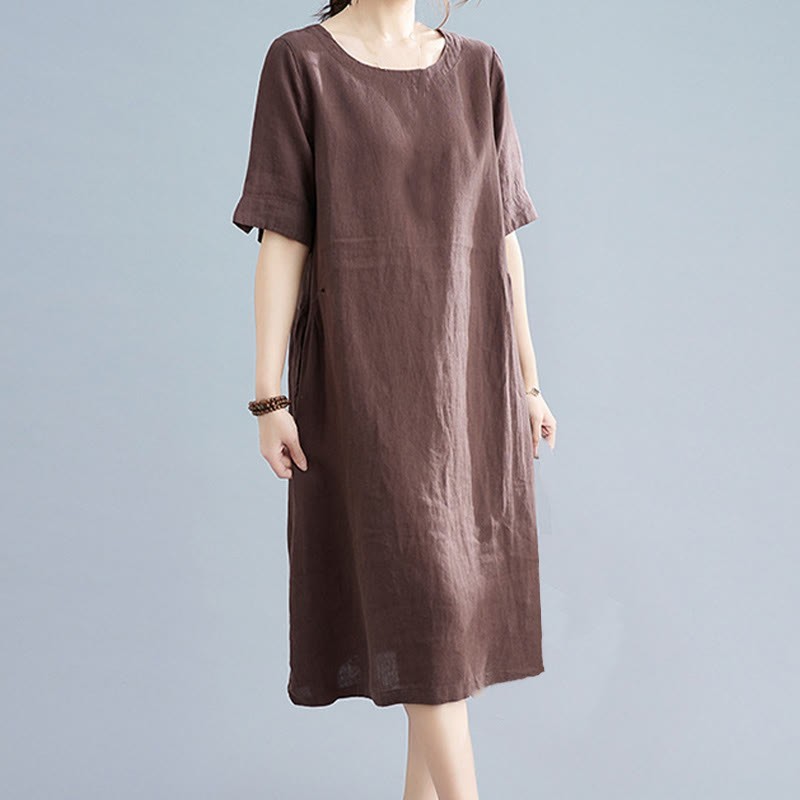 Casual Loose Solid Color Cotton Linen Crew Neck Half Sleeve Design Midi Dress With Pockets