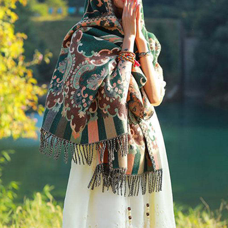 Tibetan Flowers Leaves Branch Design Tassel Shawl Cozy Travel Scarf Wrap