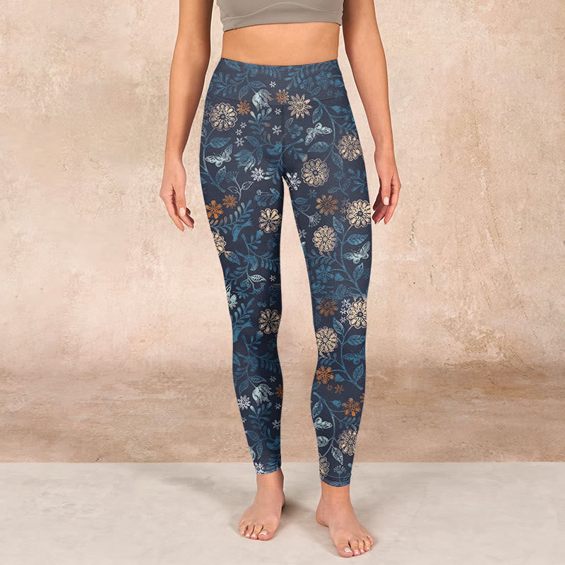 New York Aster Flowers Leaves Print Gym Fitness Leggings Women's Yoga Pants