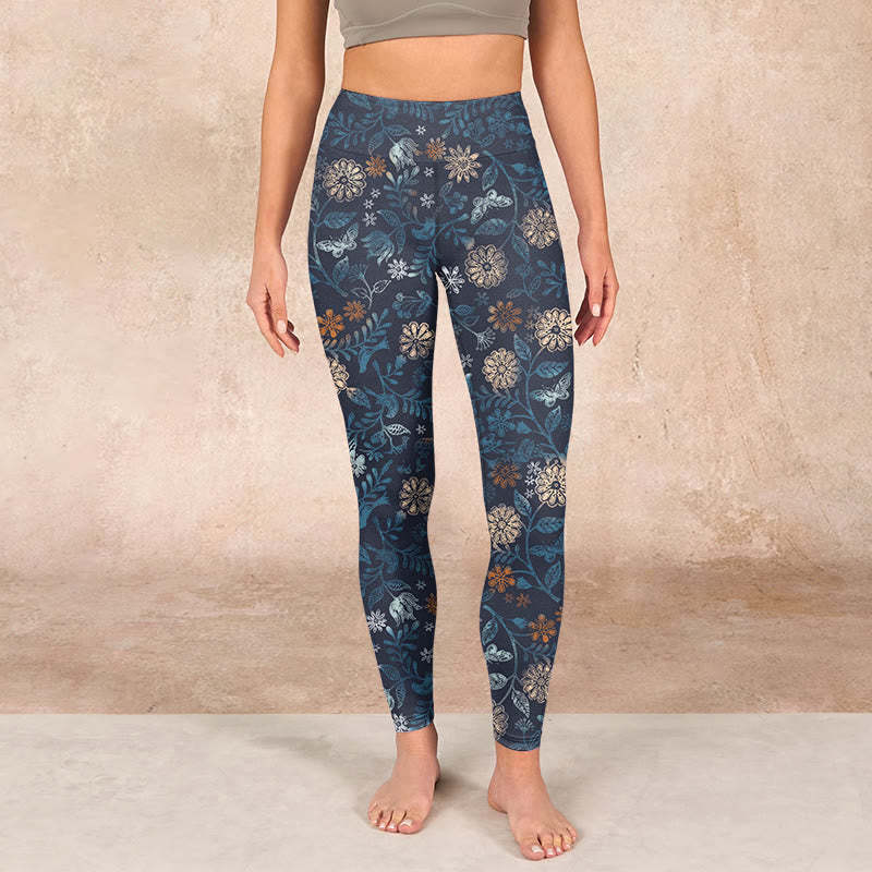 New York Aster Flowers Leaves Print Gym Fitness Leggings Women's Yoga Pants