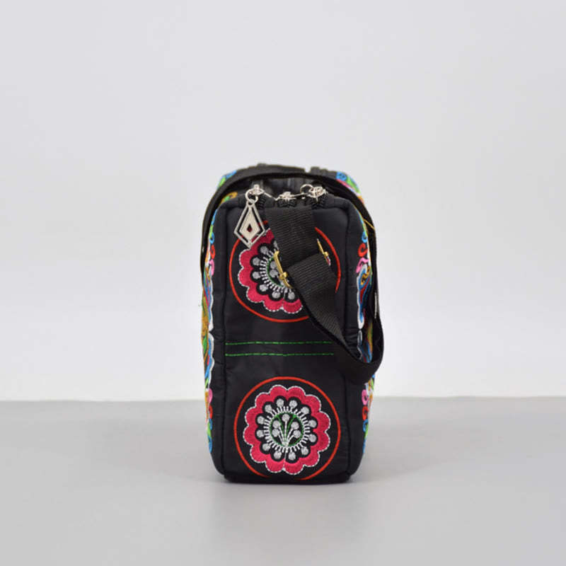 Galsang Inula Flower Peony Peacock Double-Sided Embroidery Canvas Shopping Purse Handbag Crossbody Bag