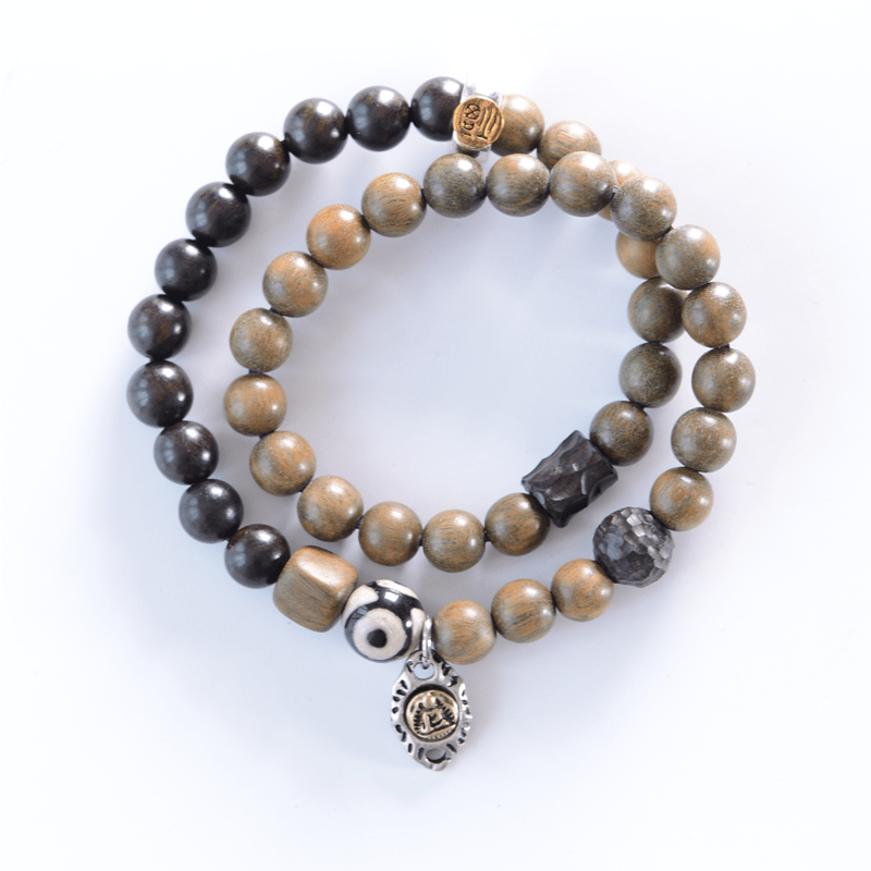 Tibetan Green Sandalwood Ebony Wood Three-eyed Dzi Bead Fu Character Balance Peace Double Wrap Bracelet