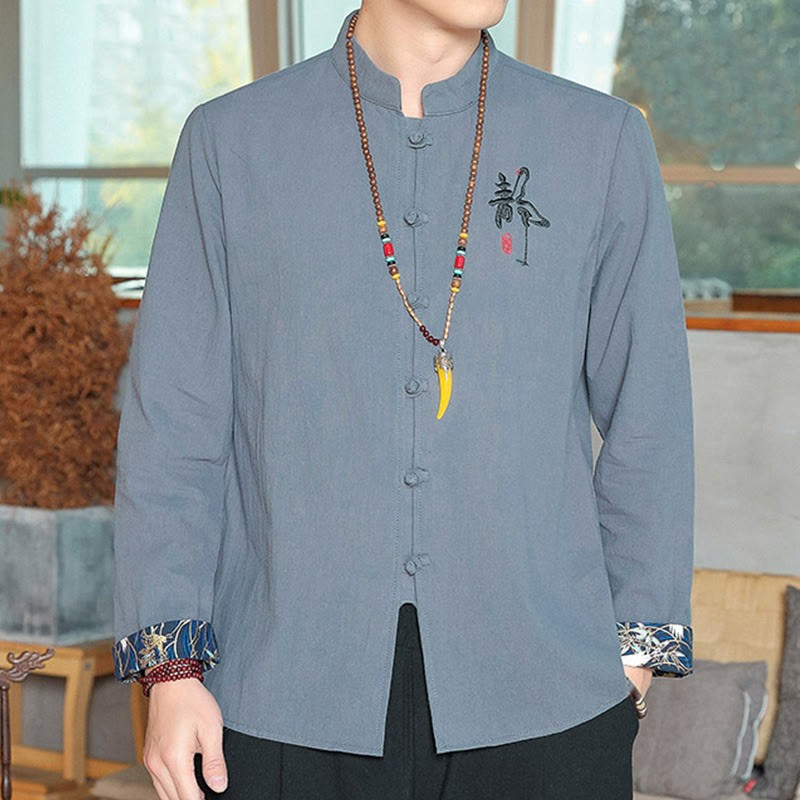 Fall Solid Long Sleeve Frog-Button Shirt Linen Men Zen Clothing