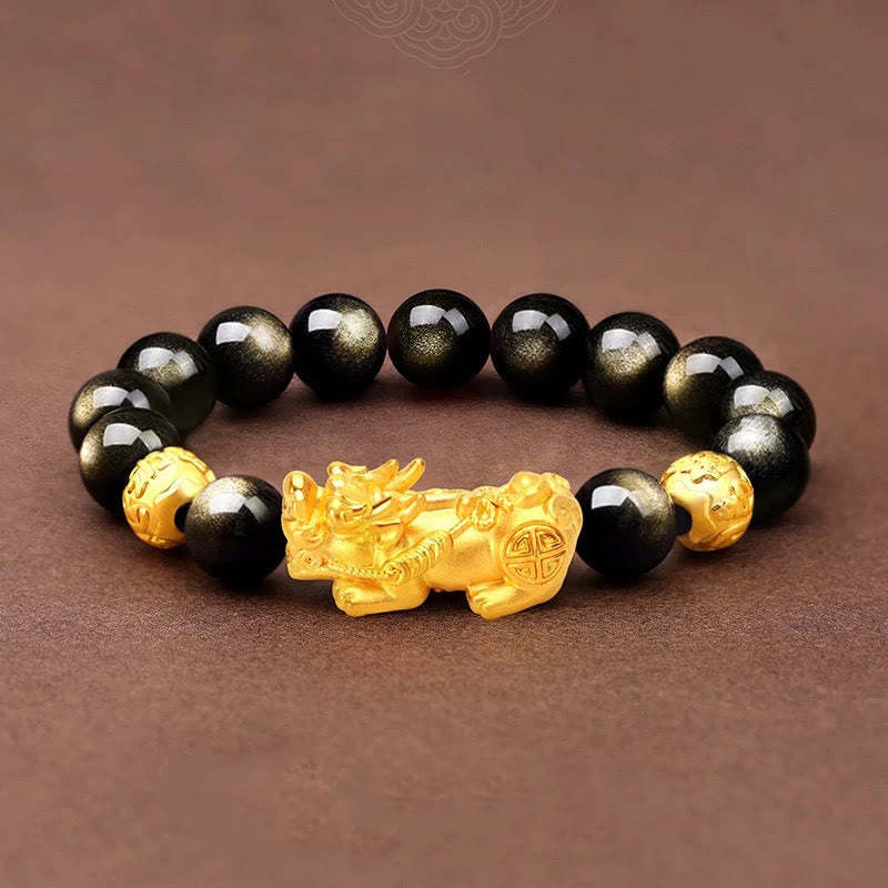 Natural Gold Sheen Obsidian PiXiu Om Mani Padme Hum Wealth Bracelet