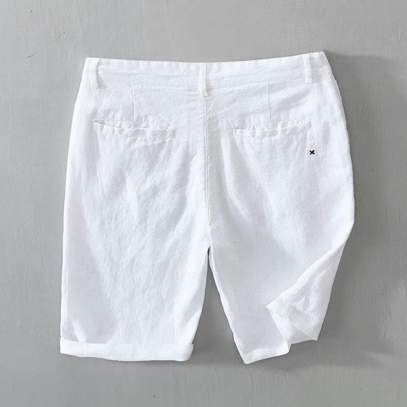 Solid Color Drawstring Cropped Linen Men's Shorts With Pockets