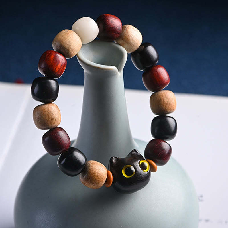 Small Leaf Red Sandalwood Ebony Wood Cute Cat Engraved Protection Bracelet
