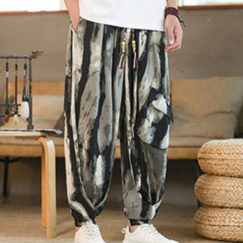 Ice Silk Drop Ink Tie-dye Gradient Stripes Casual Cotton Men's Pants With Pockets