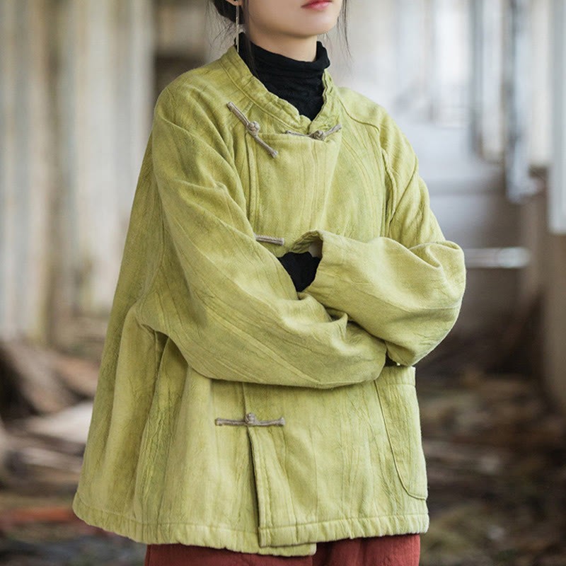 Solid Color Frog-button Thermal Long Sleeve Ramie Linen Women's Shirt