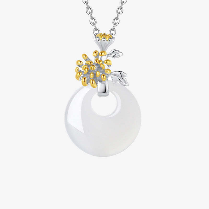 925 Sterling Silver Round Chalcedony Twelve Months Flower Harmony Necklace Pendant