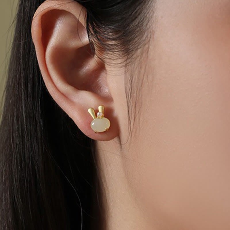 925 Sterling Silver Natural Hetian Jade Cute Rabbit Pearl Abundance Earrings