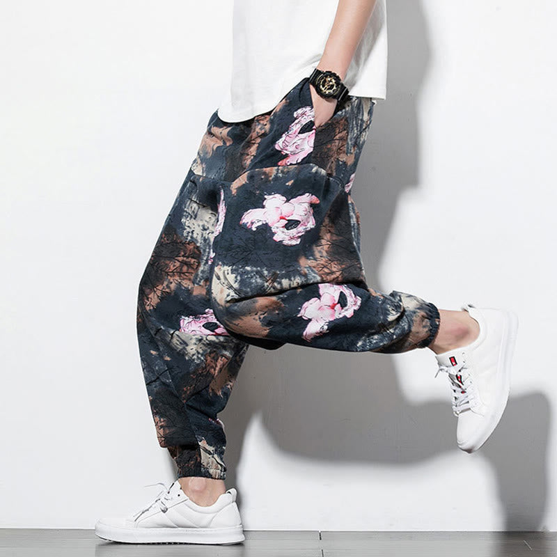 Pink Lotus Ink Painting Print Cotton Men's Long Cropped Harem Pants With Pockets