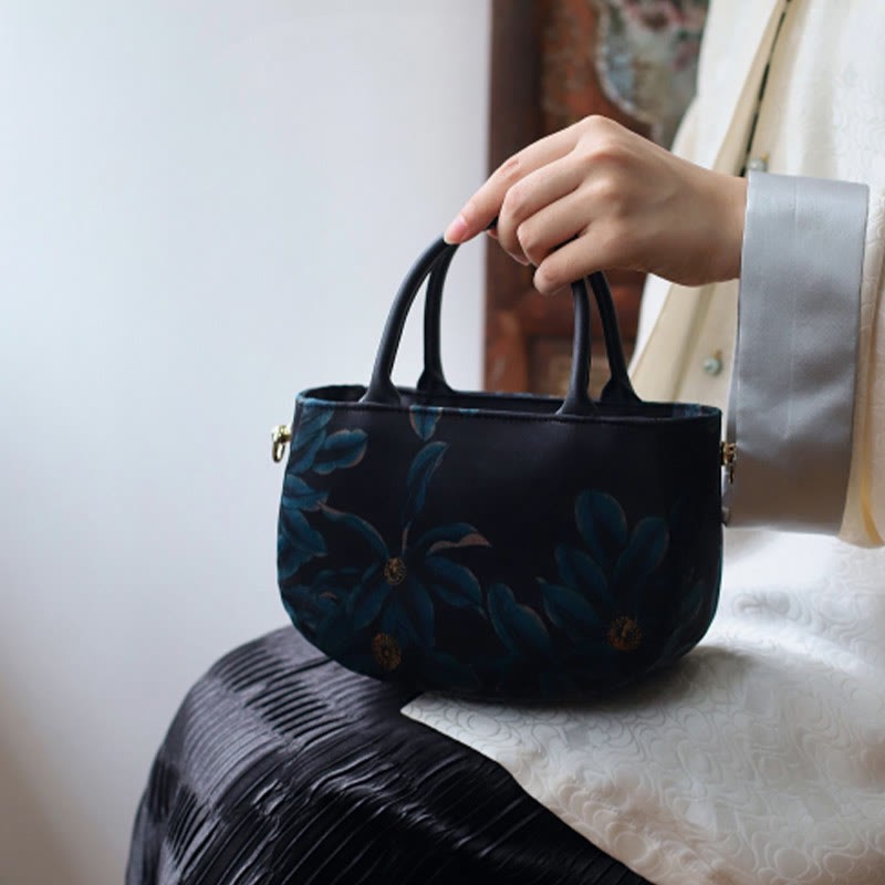 Vintage Flower Peony Metal Chain Zipper Handbag Crossbody Bag Shoulder Bag