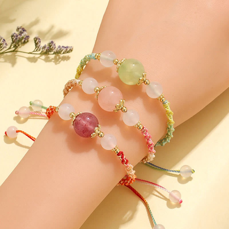 Strawberry Quartz Pink Crystal Prehnite White Agate Bead Healing Rope Bracelet