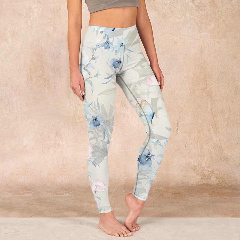 Cherry Blossom Butterflies Print Gym Leggings Women's Yoga Pants