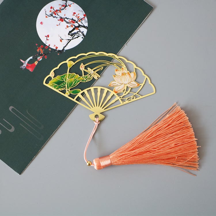 Traditional Butterfly Lotus Flower Crane Dragon Phoenix Fox Koi Fish New Beginning Metal Brass Hollow Fan Bookmarks