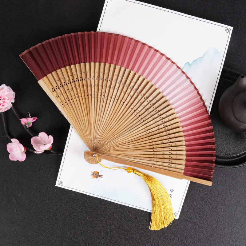 Cranes Auspicious Clouds Solid Color Gradient Handheld Cotton Linen Fabric Bamboo Folding Fan