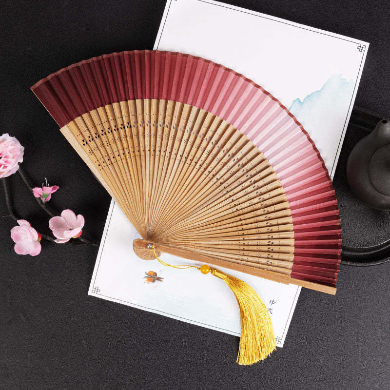 Cranes Auspicious Clouds Solid Color Gradient Handheld Cotton Linen Fabric Bamboo Folding Fan