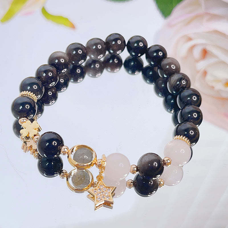 Natural Silver Sheen Obsidian Love Heart Star Flower Protection Bracelet (Extra 30% Off | USE CODE: FS30)