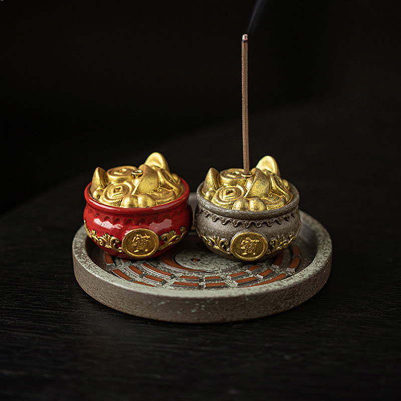 Small Treasure Bowl Lucky Bag Bagua Tray Healing Ceramic Stick Incense Burner Decoration