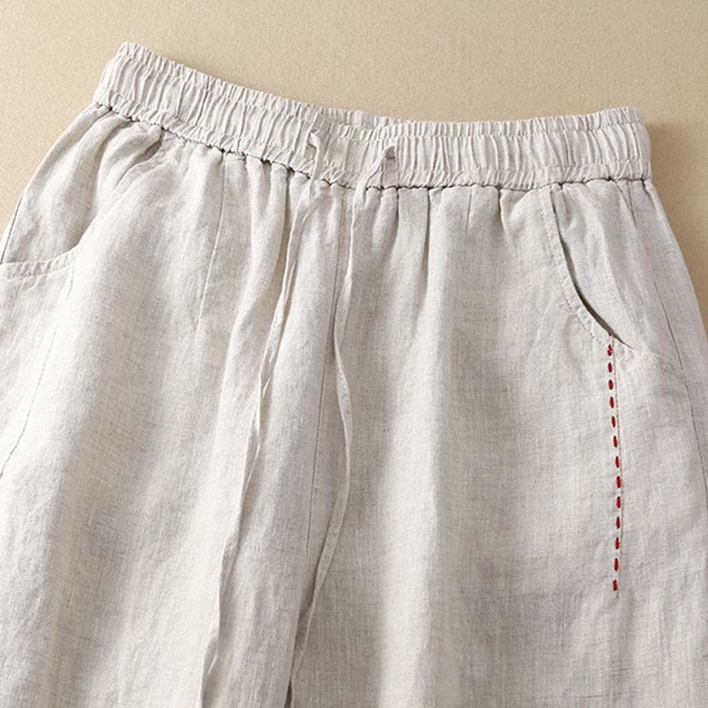 Casual Cotton High Waist Lace-up Slit Wide Leg Pants With Pockets