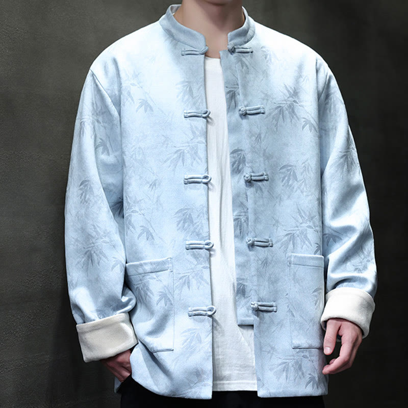Men's Frog-Button Tang Suit Bamboo Pattern Suede Cotton Jacket Shirt With Pockets