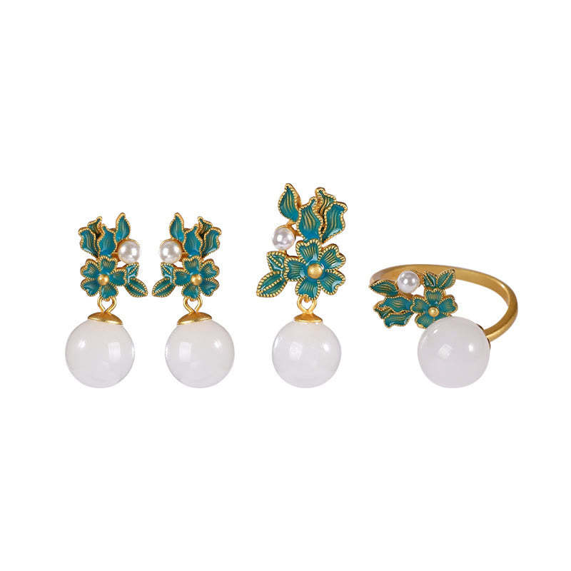 White Jade 925 Sterling Silver Pearl Flower Blessing Necklace Pendant Ring Earrings