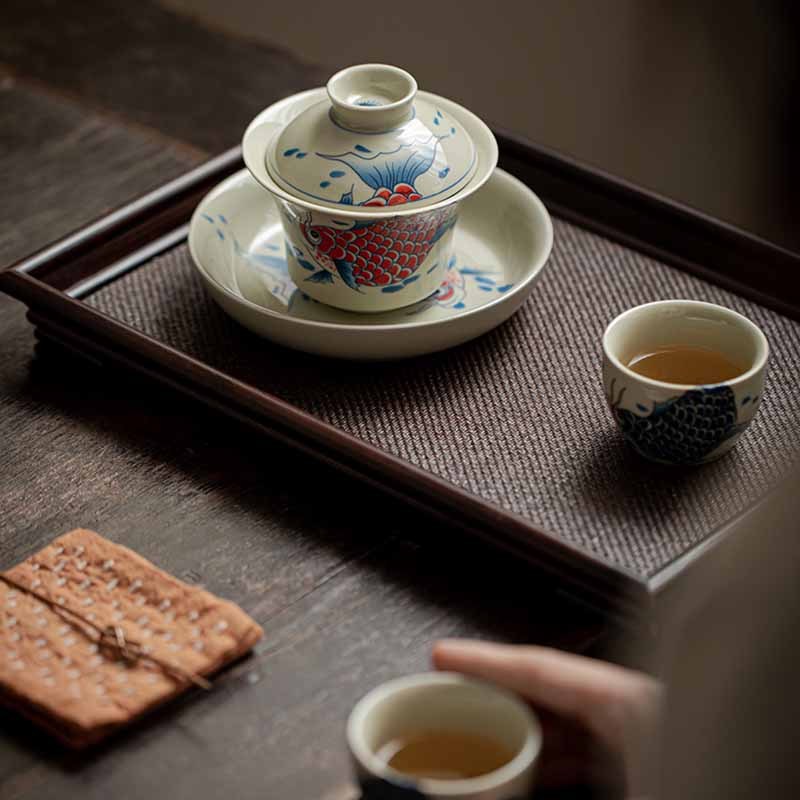 Koi Fish Arowana Ceramic Gaiwan Sancai Teacup Kung Fu Tea Cup With Lid 130ml