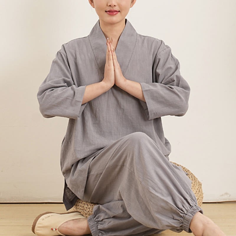 2Pcs V-Neck Three Quarter Sleeve Shirt Top Pants Meditation Zen Tai Chi Cotton Linen Clothing Women's Set