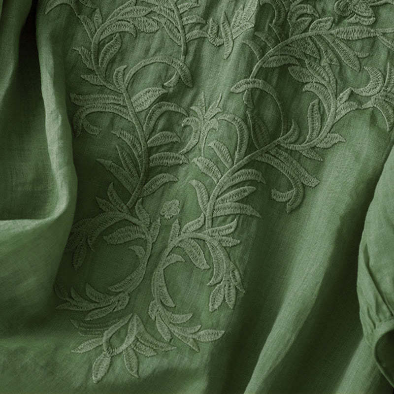 Vintage Casual Pure Leaf Embroidery V-Neck Half Sleeve Cotton Linen Women's T-Shirt