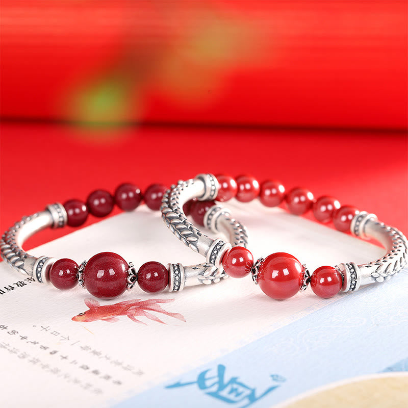 999 Sterling Silver Cinnabar Wheat Ears Blessing Bracelet Bangle
