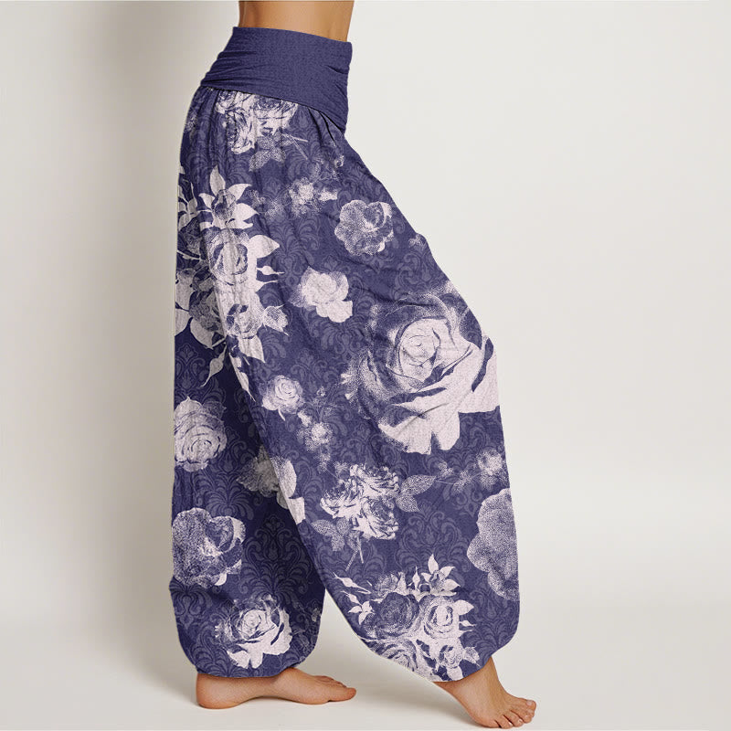 Casual White Roses Women's Elastic Waist Harem Pants