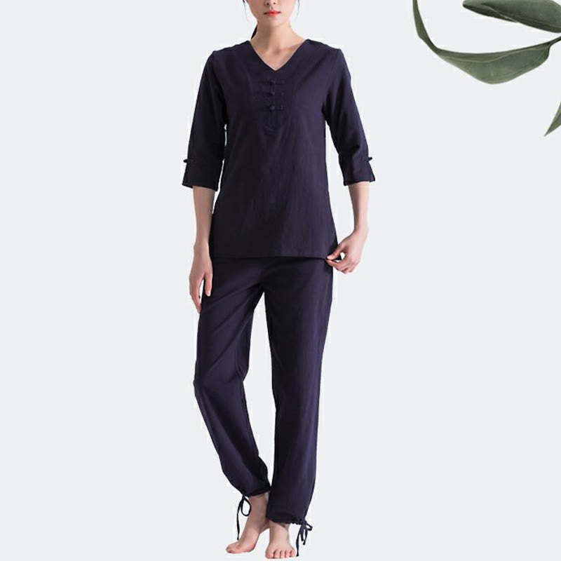 Yoga Meditation Prayer V-neck Design Cotton Linen Clothing Uniform Zen Practice Women's Set