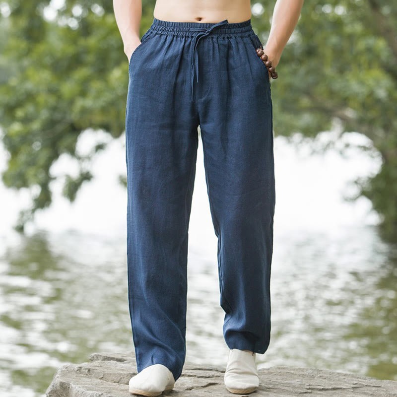 Solid Color Linen Men's Wide Leg Pants With Pockets