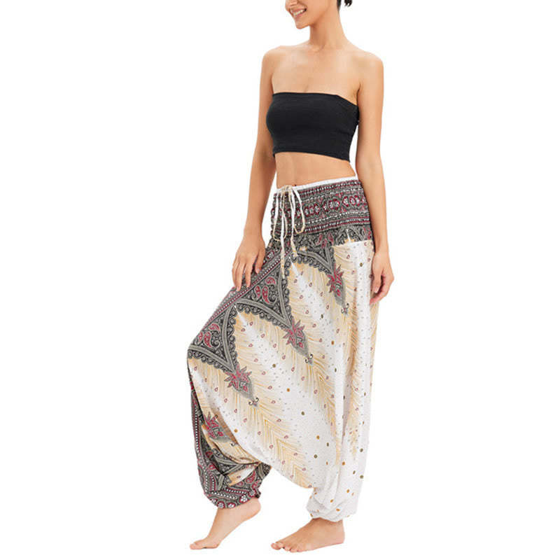Two Style Wear Peacock Feather Loose Smocked Harem Trousers Jumpsuit High Waist Pants